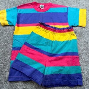 Vintage Palmettos Kids Striped Short Set Pink Yellow Teal Purple Size M 10/12